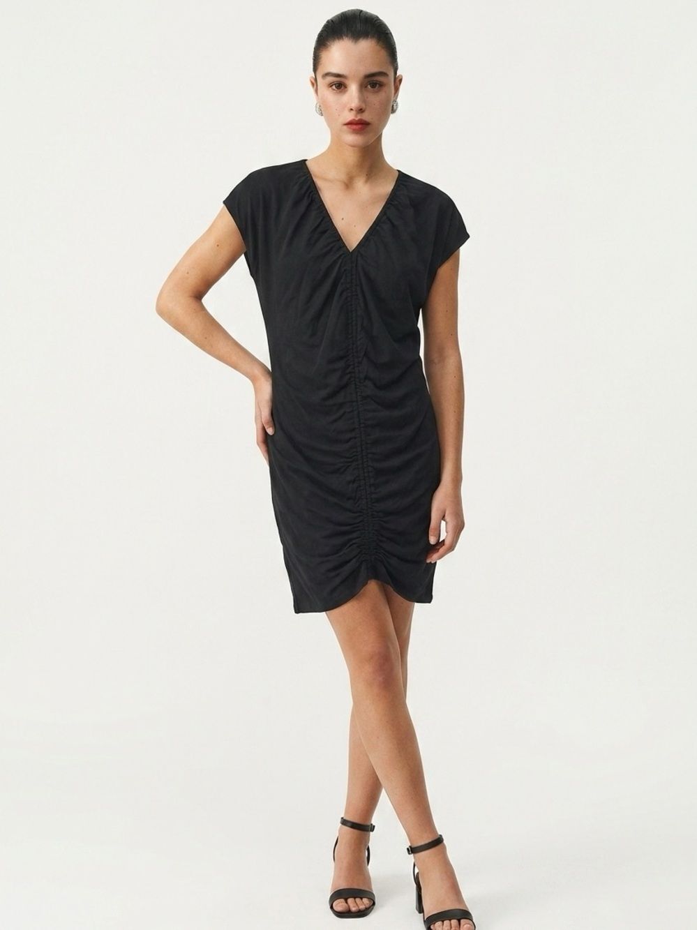 ZARA | Black V-Neck Midi Length Cinched Front Dress Women’s Size Small